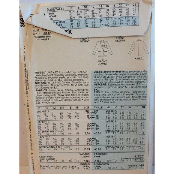 Butterick Family Circle Womens Jacket Sewing Pattern 3691 Size 14-16-18 - Picture 2 of 2